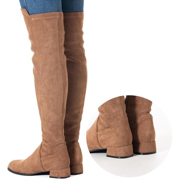 Women Brown/Flat Suede Over the Knee Thigh High Chunky Block Heel Winter Boots - Picture 6 of 7